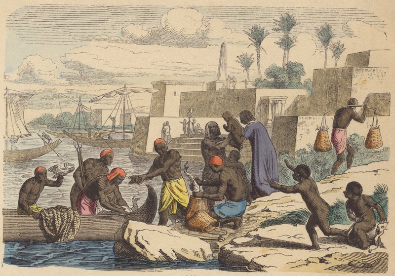 Forntida egyptiska fiskare (färgad gravyr) av German School