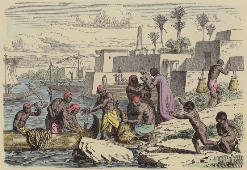 Forntida egyptiska fiskare (färgad gravyr) av German School