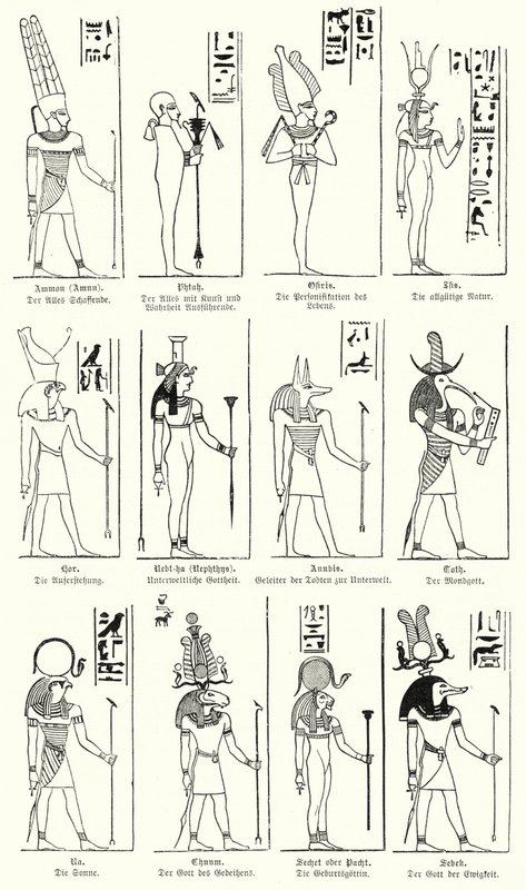 Forntida egyptiska gudar och gudinnor (gravyr) av German School