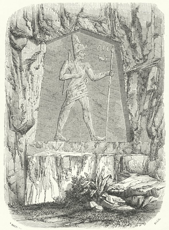 Forntida egyptisk relief tänkt att föreställa farao Sesostris eller Ramesses II (gravyr) av German School