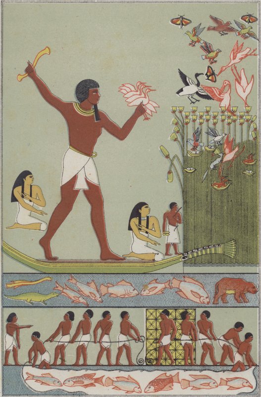 Forntida egyptier som fiskar och jagar fåglar (färg litho) av German School