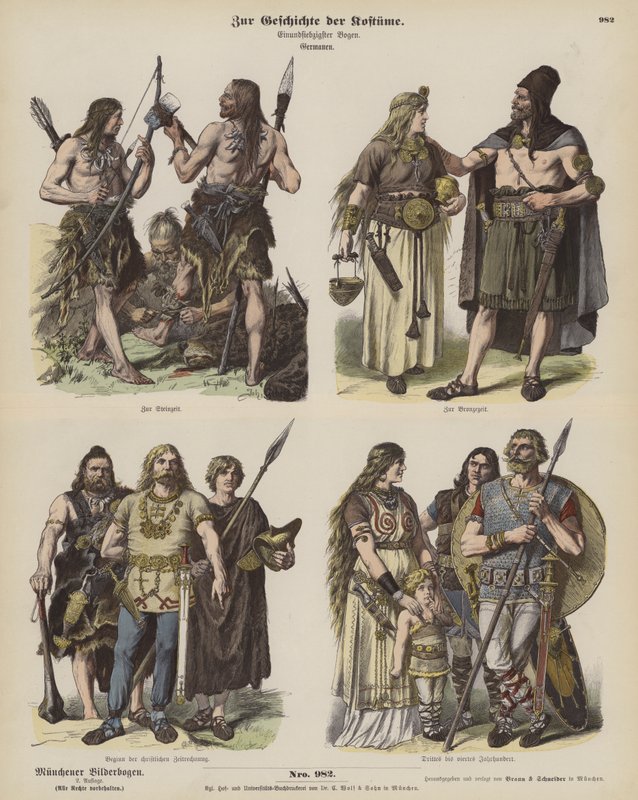 Gamla germanska dräkter (färgad gravyr) av German School