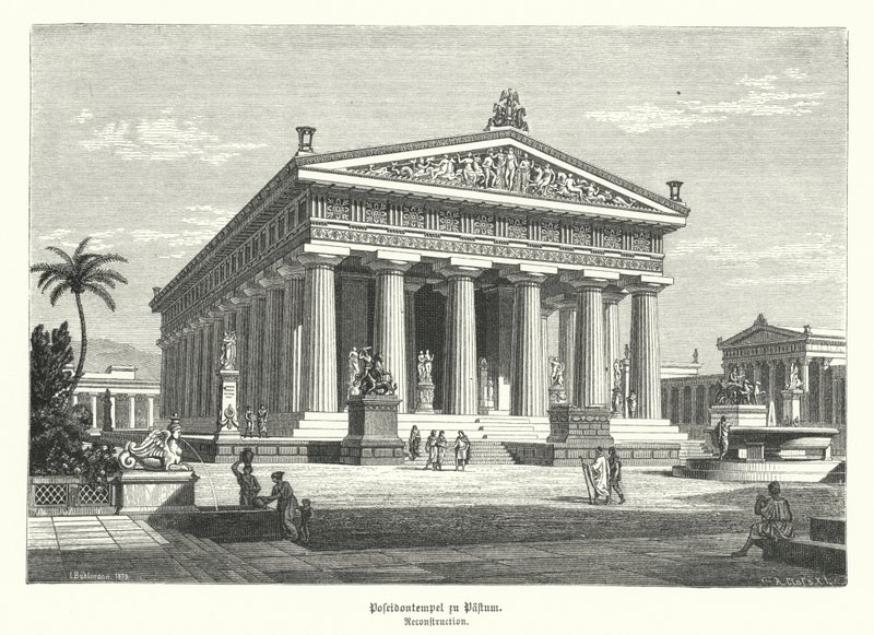Det antika grekiska templet i Hera, Paestum, Italien, som tidigare felaktigt troddes ha varit tillägnat Poseidon (gravyr) av German School