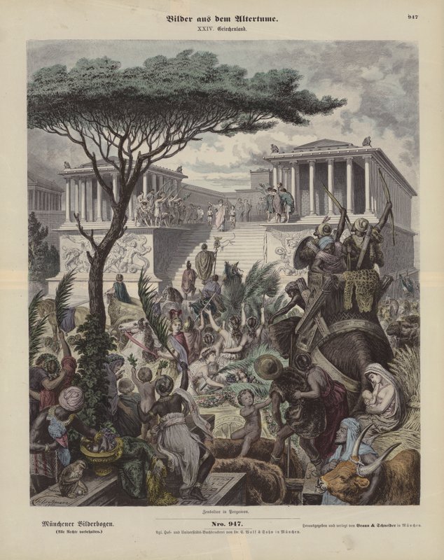Forntida grekiskt altare i staden Pergamon, Mindre Asien (färgad gravyr) av German School