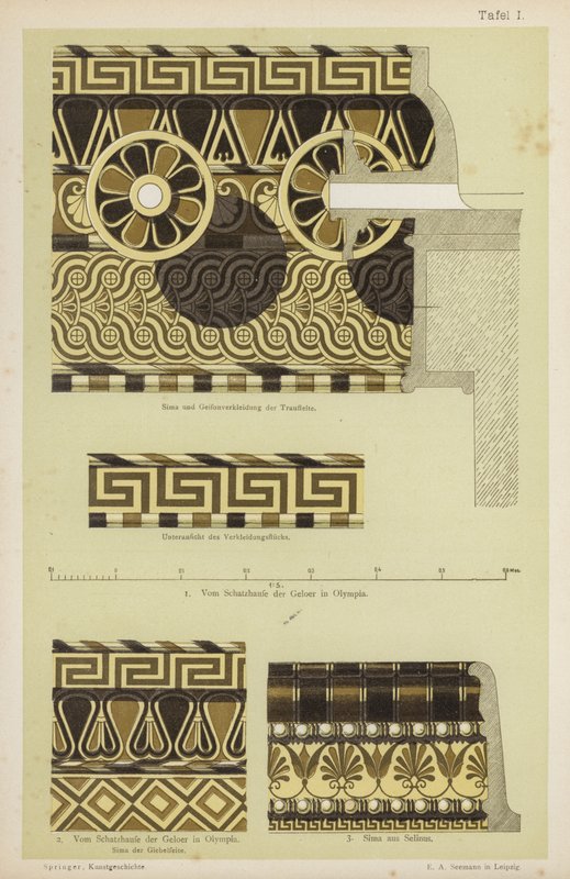Forntida grekisk arkitektonisk dekoration (färg litho) av German School