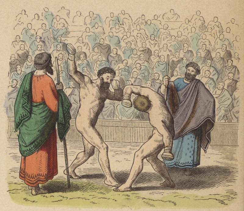 Forntida grekisk boxning (färgad gravyr) av German School