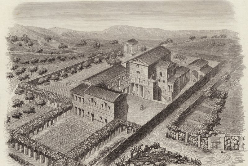 Forntida grekiska hus på landet i Al-Barah, Syrien. Illustration för Bilder-Atlas (gravyr) av German School