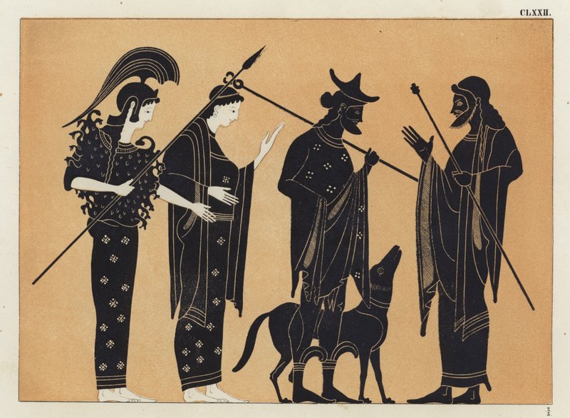 Forntida grekiska figurer, inklusive Athena, med hund av German School