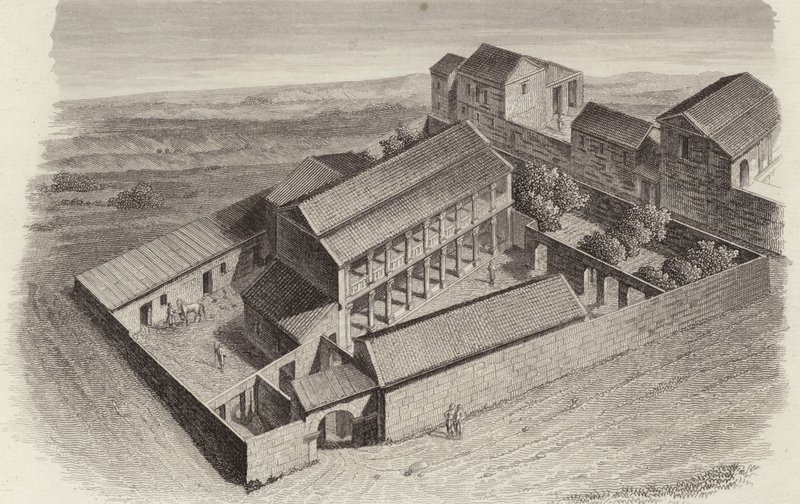 Forntida grekiska hus i Moudleja, Syrien. Illustration för Bilder-Atlas (gravyr) av German School