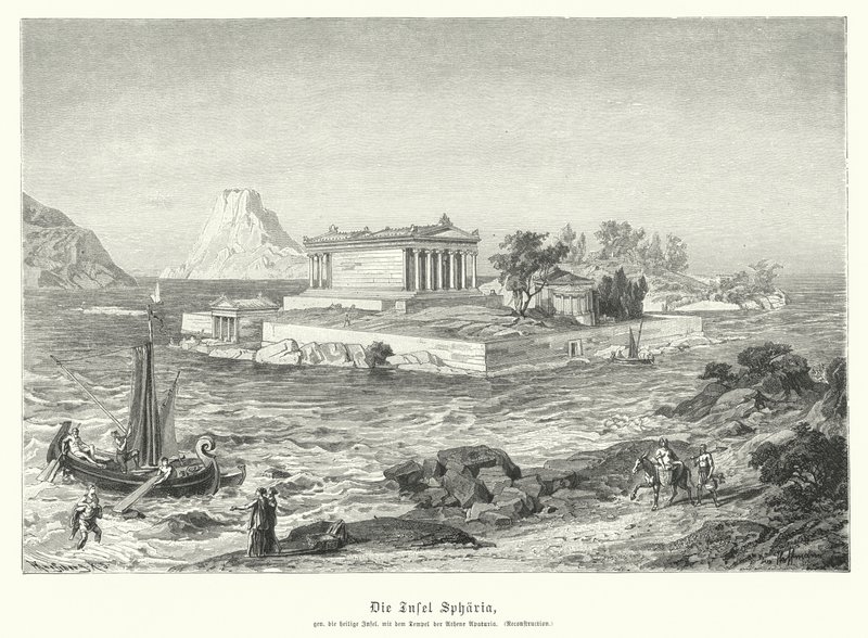 Forntida grekiska tempel Athena Apaturia på ön Sphairia (gravyr) av German School
