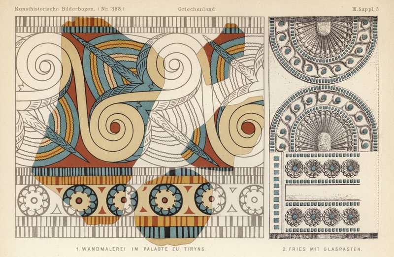 Forntida grekisk väggmålning från ett palats i Tiryns och fris med glaspastadekoration (färg litho) av German School