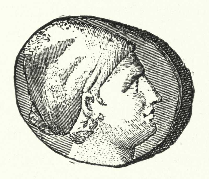 Forntida mynt som visar huvudet på den antika grekiska poeten Sappho (gravyr) av German School