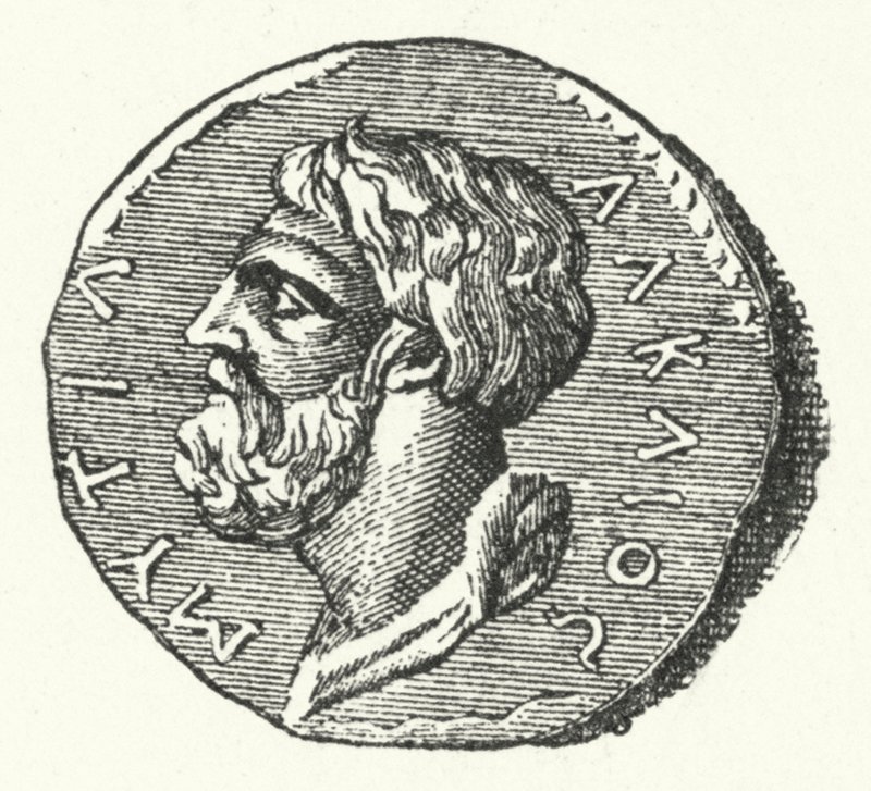 Forntida mynt som visar huvudet på den grekiska poeten Alcaeus av Mytilene av German School