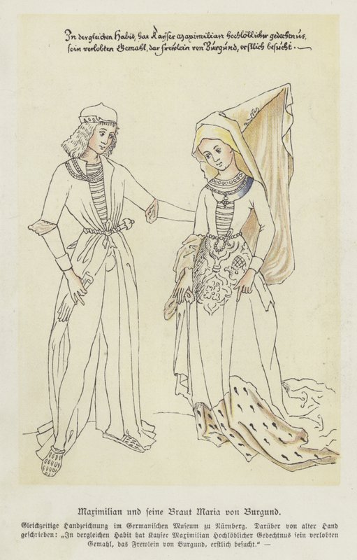 Ärkehertig Maximilian av Österrike och hans brud Maria av Bourgogne (färg litho) av German School