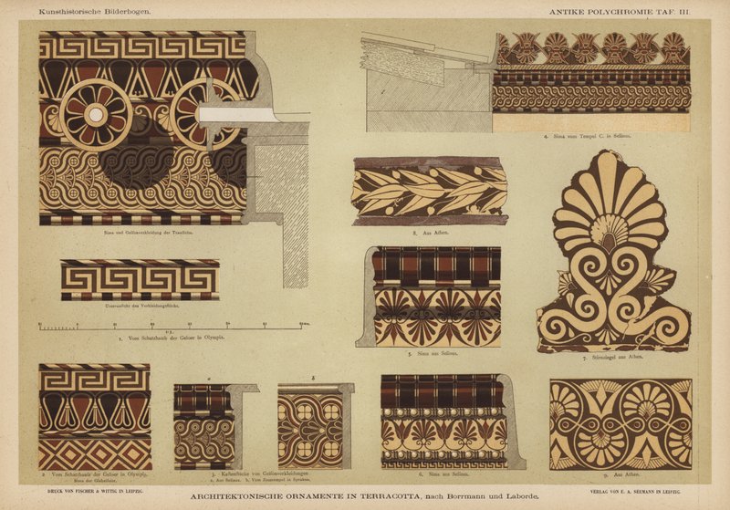 Arkitektonisk ornament i terrakotta (färg litho) av German School