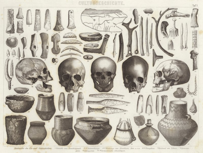 Artefakter från is- och stenåldern. Illustration för Bilder-Atlas (gravyr) av German School