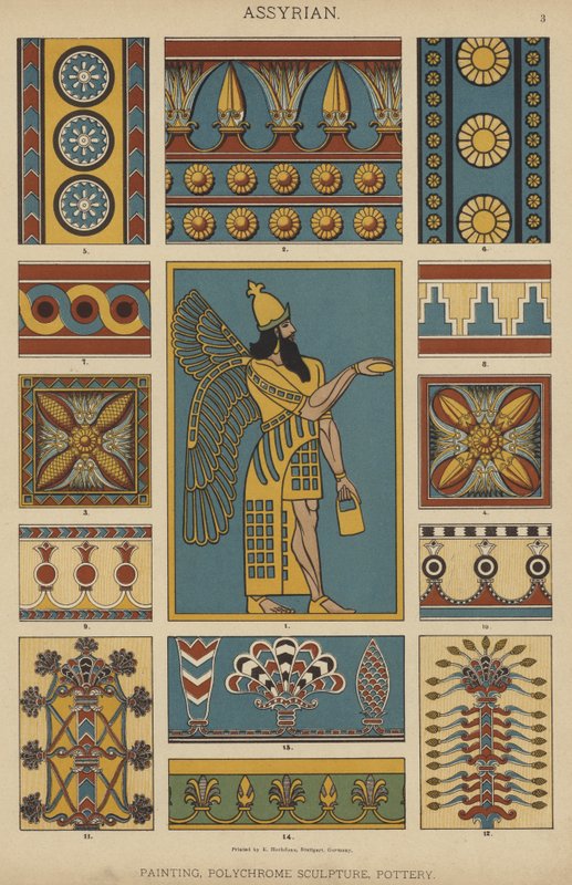 Assyriska, Målning, Polykrom Skulptur, Keramik (färg litho) av German School