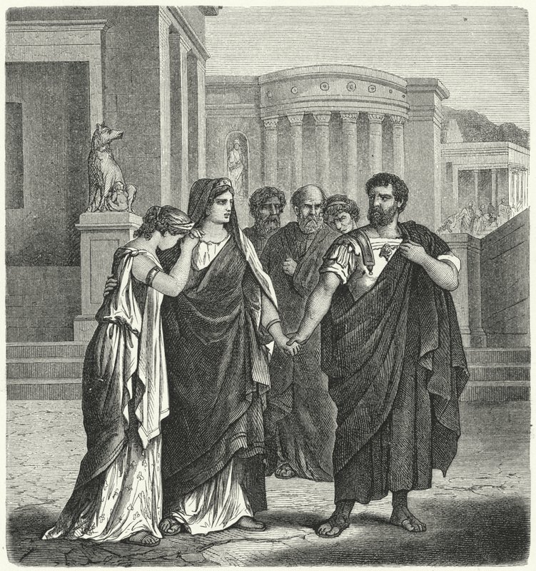 Atilius Regulus förbereder sig för att lämna Rom för att återvända till fångenskapen i Kartago (gravyr) av German School