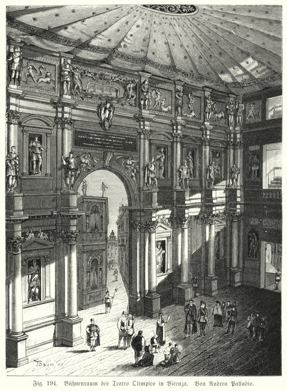 Auditorium och scen i Teatro Olimpico, Piacenza, Italien, designad av Andrea Palladio (gravyr) av German School