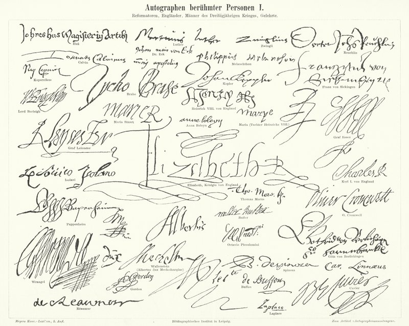 Autografer av kända personer: framstående figurer från den protestantiska reformationen, Storbritannien, trettioåriga kriget och vetenskapsmän (gravyr) av German School