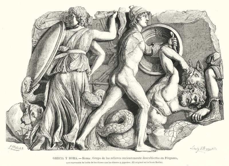 Slaget mellan gudarna och titanerna och jättarna, antikens grekiska relief från Pergamon (litho) av German School
