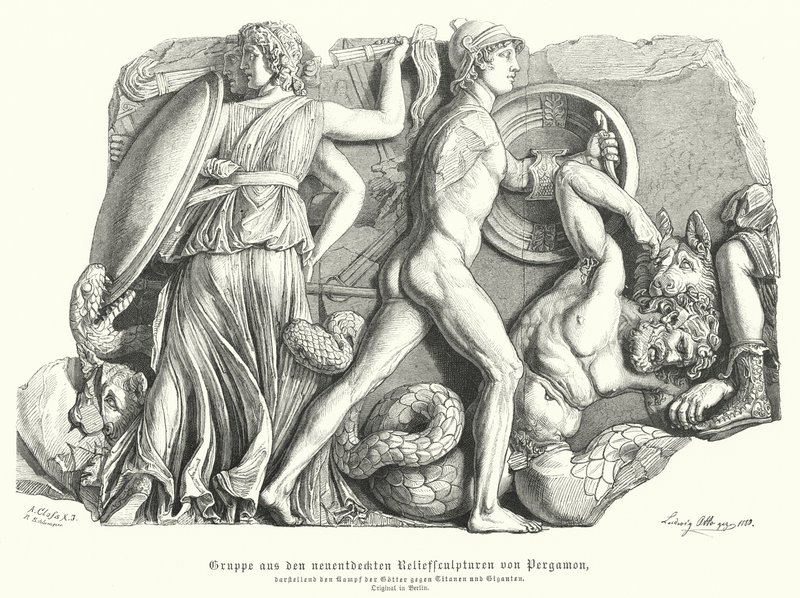 Strid mellan gudarna och titanerna och jättarna, antik grekisk relief från Pergamon (gravyr) av German School