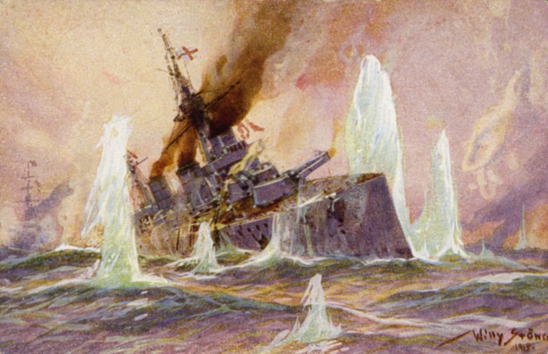Slaget vid Doggerbank, första världskriget, 24 januari 1915 (färglitografi) av German School