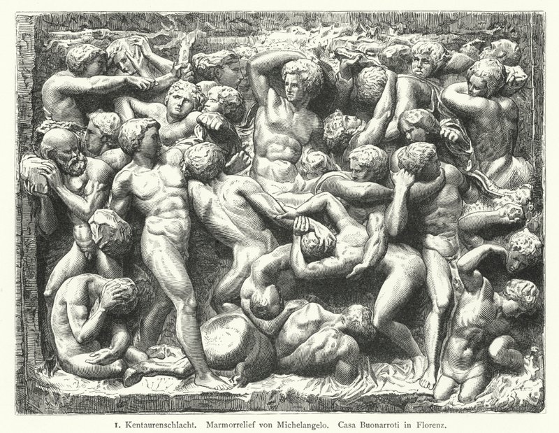 Battle of the Centaurs, marmorrelief av Michelangelo (gravyr) av German School