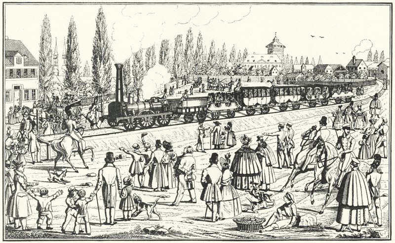 Bavarian Ludwig Railway mellan Nürnberg och Furth (gravyr) av German School