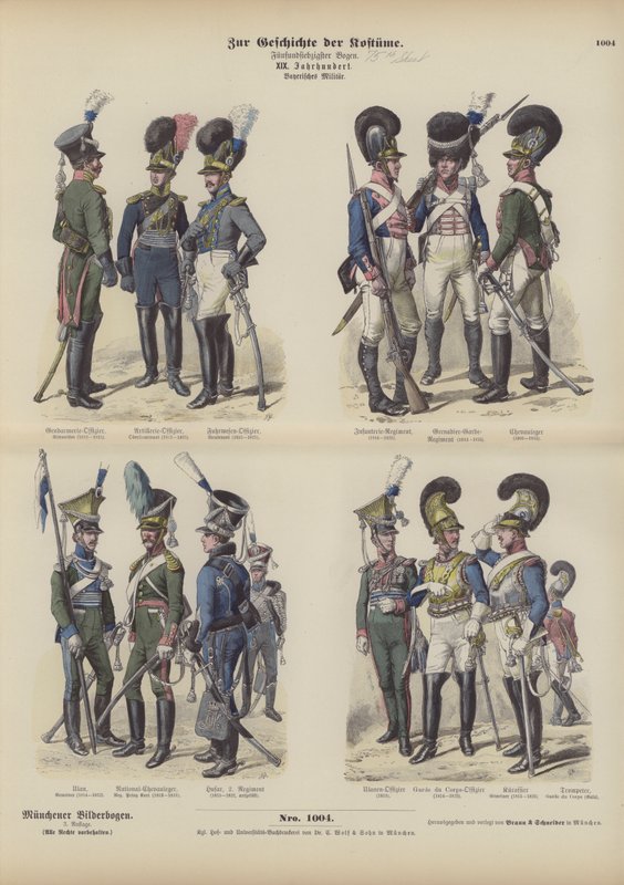 Bayerska militäruniformer, tidigt 1800-tal (färgad gravyr) av German School