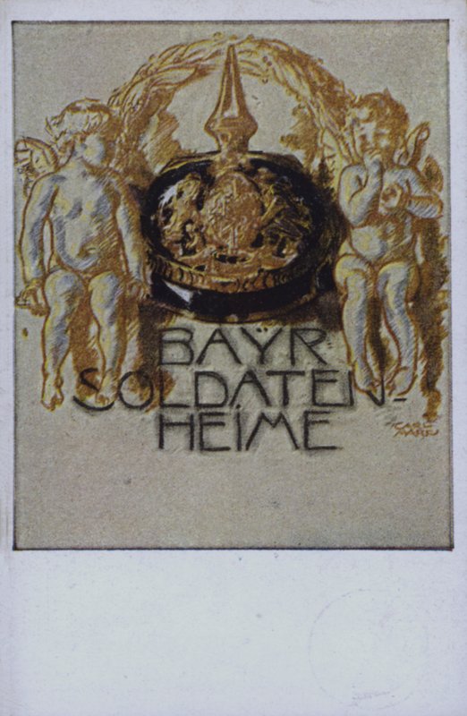 Hjälm för bayersk soldat (färglitografi) av German School
