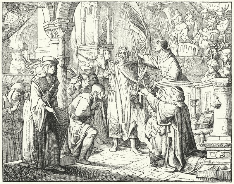 Bernard av Clairvaux predikar det andra korståget i Speyer, Tyskland av German School