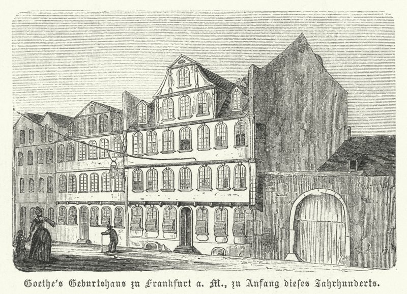 Den tyske författaren Johann Wolfgang von Goethes födelseplats, Frankfurt-am-Main, tidigt 1800-tal (gravyr) av German School