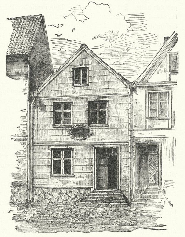 Den tyska poeten Johann Gottfried Herders födelseplats, Mohrungen, Preussen (gravyr) av German School