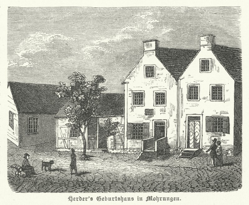 Födelseort för den tyske författaren, filosofen och lutherske teologen Johann Gottfried von Herder, Mohrungen (gravyr) av German School
