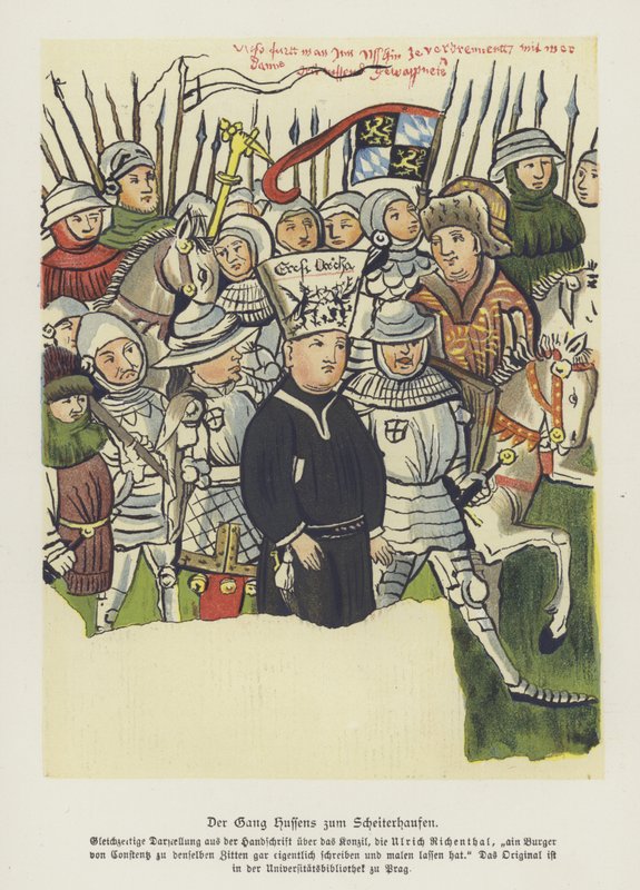 Den böhmiske kristna reformatorn Jan Hus fördes till sin avrättning, Constance, 6 juli 1415 (färg litho) av German School