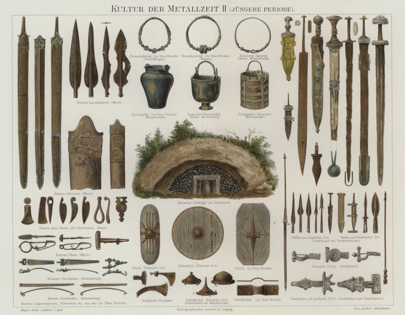 Artefakter från brons och järnålder (färg litho) av German School