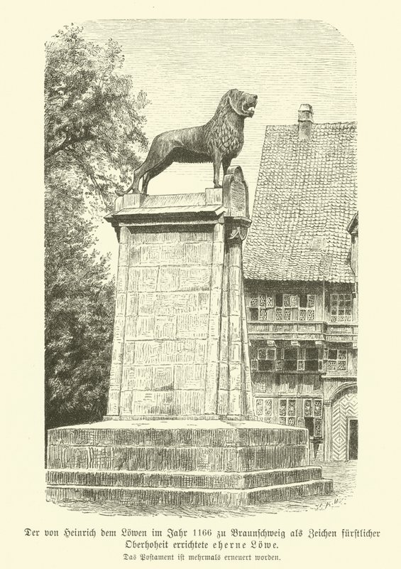 Bronslejon uppfört av Henrik Lejonet i Brunswick 1166 (gravyr) av German School