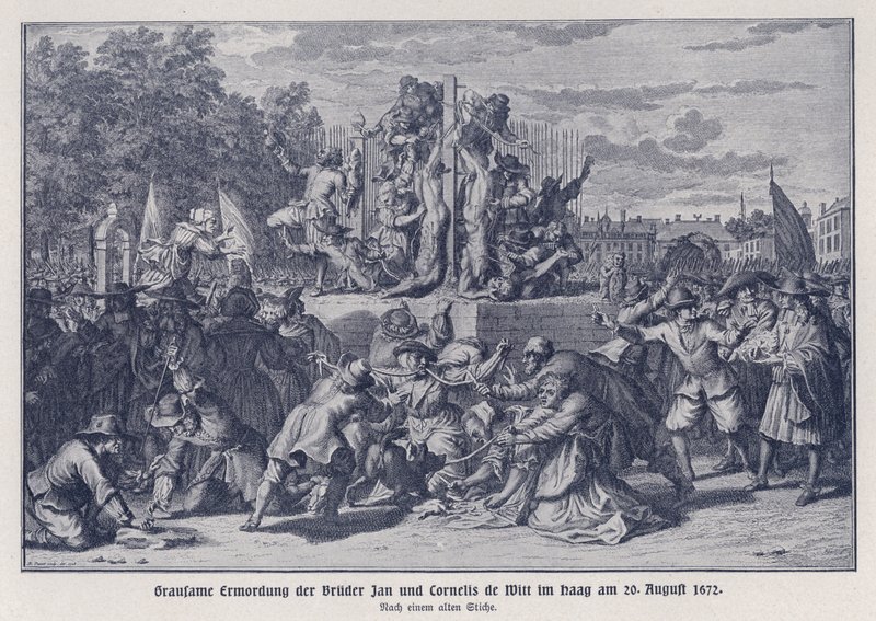 Brutalt mord på bröderna Jan och Cornelis de Witt av en orangistisk mobb, Haag, Nederländerna, 20 augusti 1672 (litografi) av German School