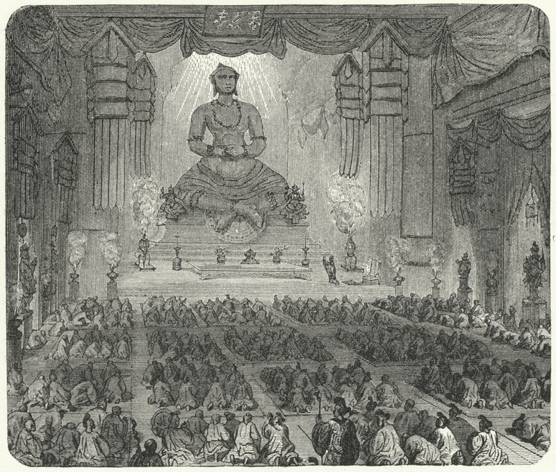 Buddhister som tillber i ett kloster i Peking (gravyr) av German School