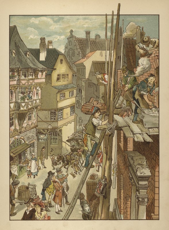 Byggare på jobbet på ett hus (färg litho) av German School