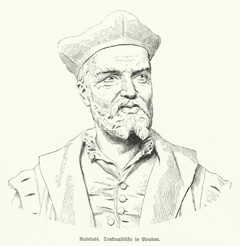 Byst av den franske författaren Francois Rabelais i Meudon, Frankrike (litho) av German School