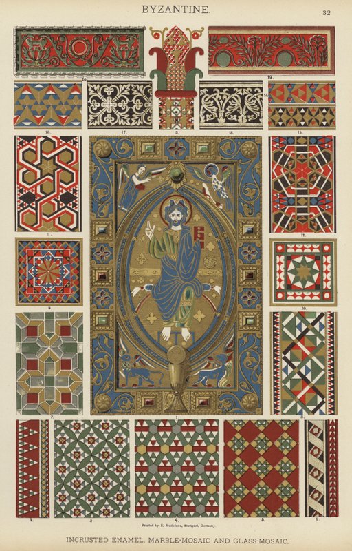 Bysantinsk, inkrustad emalj, marmor-mosaik och glas-mosaik (färg litho) av German School