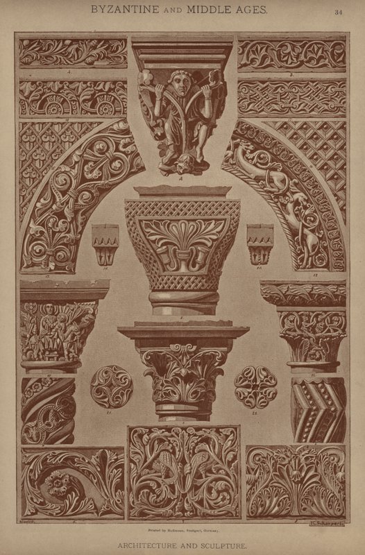 Bysantinsk och medeltid, arkitektur och skulptur (färg litho) av German School
