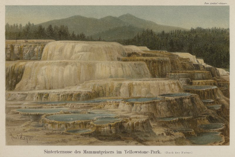 Kalkrika sinterterrasser vid Mammoth Hot Springs i Yellowstone National Park, Wyoming (färg litho) av German School