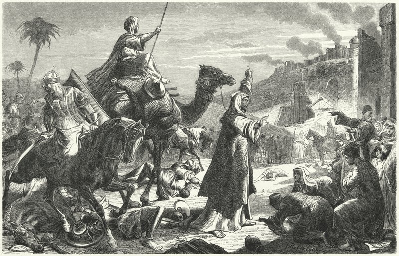 Kalifen Umar går in i Jerusalem, 637 (gravyr) av German School
