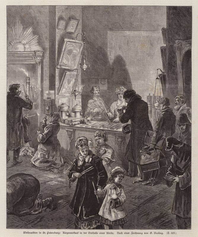 Ljus till salu i vestibulen av en kyrka i St Petersburg, Ryssland, vid jul (gravyr) av German School