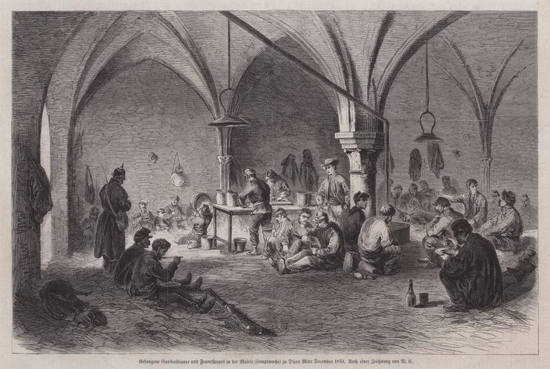Tillfångatagna garibaldianer och franska franc-tireurs i stadshuset i Dijon, Frankrike, fransk-preussiska kriget, mitten av december 1870 (gravyr) av German School