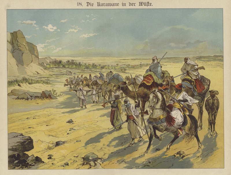 Karavan i den arabiska öknen (färg litho) av German School