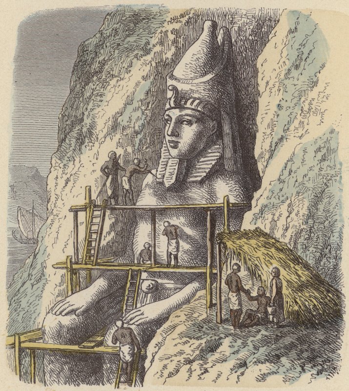 Rista en staty av en forntida egyptisk farao ur en klippvägg (färgad gravyr) av German School